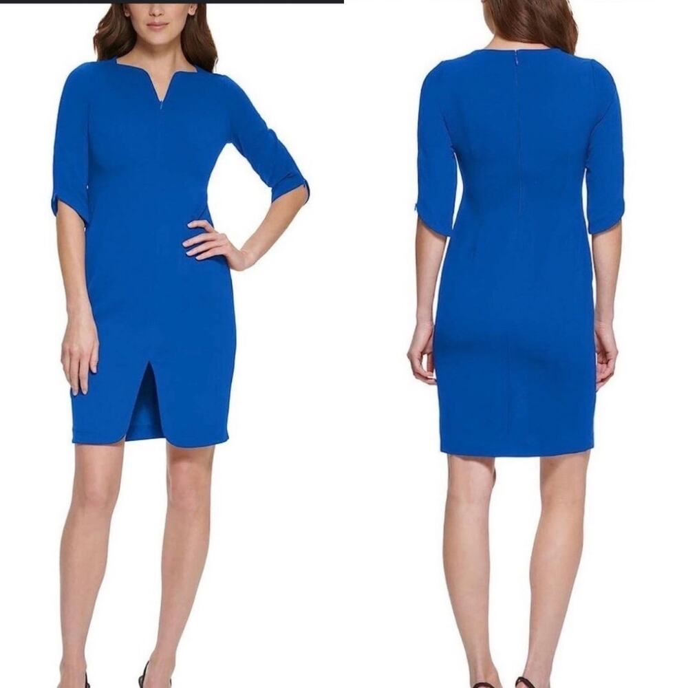 Calvin Klein Royal Blue Zippered Elbow Sleeves Sheath Dress